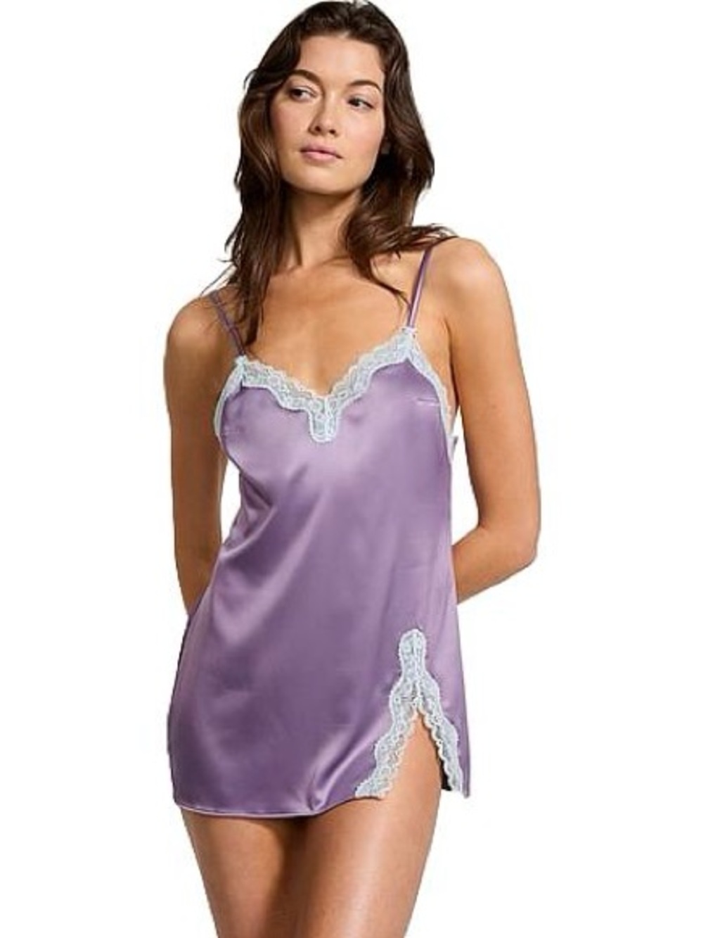 VICTORIA'S SECRET Tease Satin Lace-Trim Mini Slip Dress Lilac Purple Medium
